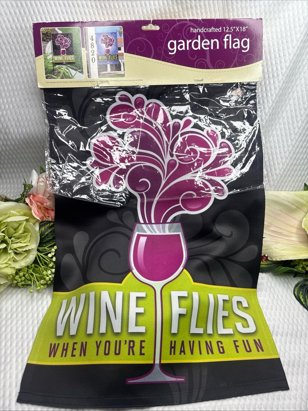 wine flies when your having fun Indoor Outdoor flag